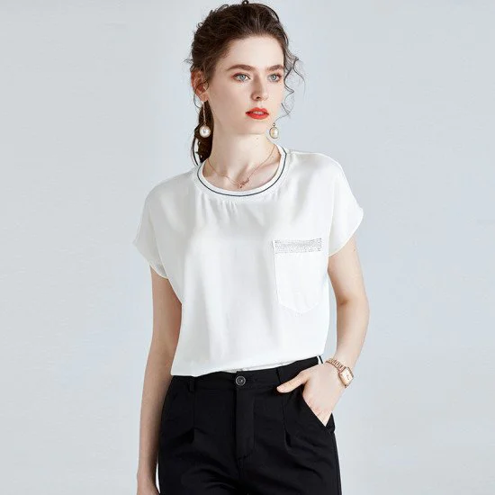 French Short Sleeve Silk White t-Shirt Elegant Loose Tops For Women French Short Sleeve Silk White t-Shirt Elegant Loose Tops For Women