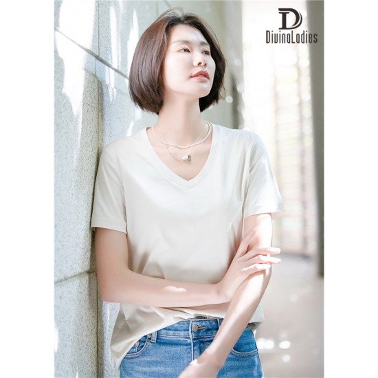 Casual Basic Loose Tees Thin Summer Mulberry Silk T-Shirt For Women