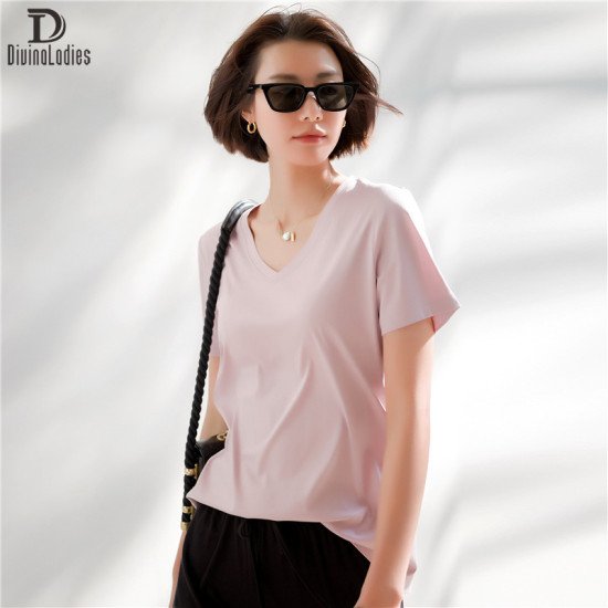 Casual Basic Loose Tees Thin Summer Mulberry Silk T-Shirt For Women