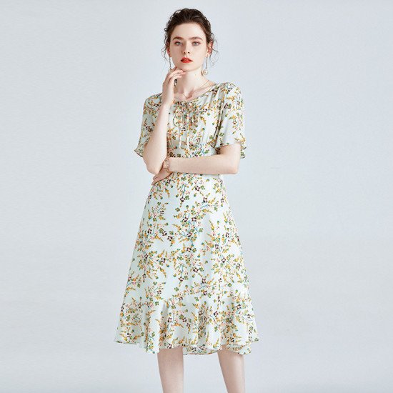 Short Sleeve Women Mulberry Silk Dress Elegant Waist Thin Ruffle Skirt