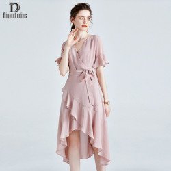 Elegant Slim Fit Thin All-Match Silk Dress Pink Large Swing Long Skirt Elegant Slim Fit Thin All-Match Silk Dress Pink Large Swing Long Skirt