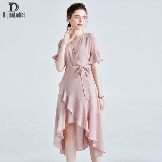 Elegant Slim Fit Thin All-Match Silk Dress Pink Large Swing Long Skirt Elegant Slim Fit Thin All-Match Silk Dress Pink Large Swing Long Skirt