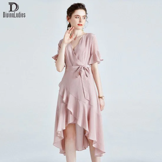 Elegant Slim Fit Thin All-Match Silk Dress Pink Large Swing Long Skirt Elegant Slim Fit Thin All-Match Silk Dress Pink Large Swing Long Skirt