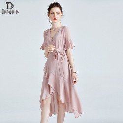 Elegant Slim Fit Thin All-Match Silk Dress Pink Large Swing Long Skirt Elegant Slim Fit Thin All-Match Silk Dress Pink Large Swing Long Skirt