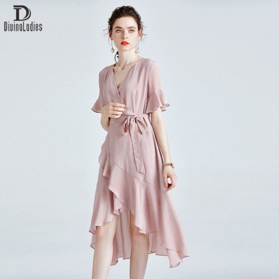 Elegant Slim Fit Thin All-Match Silk Dress Pink Large Swing Long Skirt Elegant Slim Fit Thin All-Match Silk Dress Pink Large Swing Long Skirt