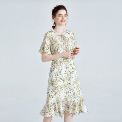 Short Sleeve Women Mulberry Silk Dress Elegant Waist Thin Ruffle Skirt