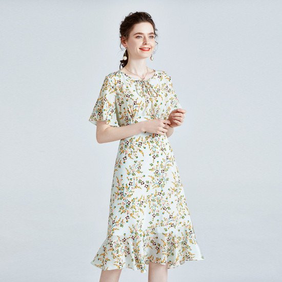 Short Sleeve Women Mulberry Silk Dress Elegant Waist Thin Ruffle Skirt