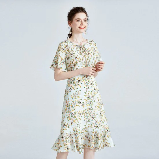 Short Sleeve Women Mulberry Silk Dress Elegant Waist Thin Ruffle Skirt