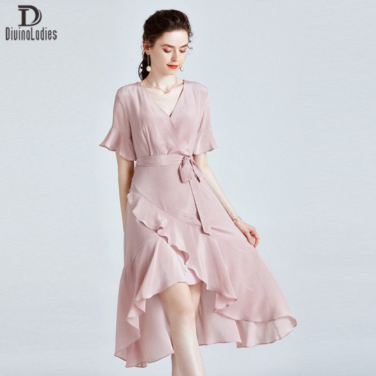 Elegant Slim Fit Thin All-Match Silk Dress Pink Large Swing Long Skirt