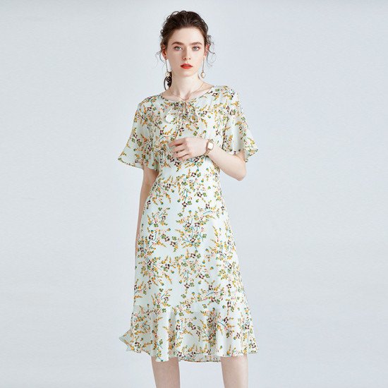 Short Sleeve Women Mulberry Silk Dress Elegant Waist Thin Ruffle Skirt Short Sleeve Women Mulberry Silk Dress Elegant Waist Thin Ruffle Skirt