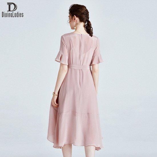 Elegant Slim Fit Thin All-Match Silk Dress Pink Large Swing Long Skirt Elegant Slim Fit Thin All-Match Silk Dress Pink Large Swing Long Skirt