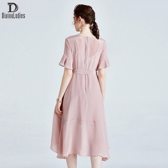 Elegant Slim Fit Thin All-Match Silk Dress Pink Large Swing Long Skirt