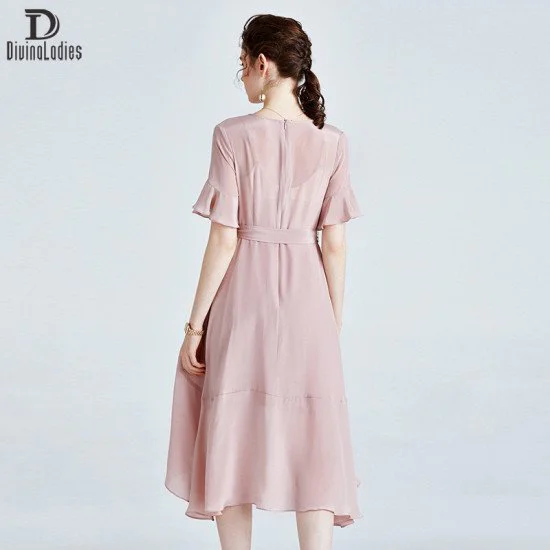 Elegant Slim Fit Thin All-Match Silk Dress Pink Large Swing Long Skirt Elegant Slim Fit Thin All-Match Silk Dress Pink Large Swing Long Skirt