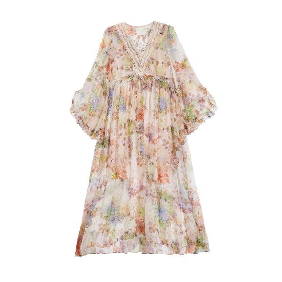 Flying Sleeve Women Long Skirt Print Double Layer Big Swing Silk Dress Flying Sleeve Women Long Skirt Print Double Layer Big Swing Silk Dress