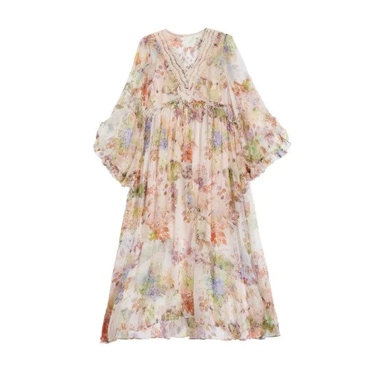 Flying Sleeve Women Long Skirt Print Double Layer Big Swing Silk Dress Flying Sleeve Women Long Skirt Print Double Layer Big Swing Silk Dress