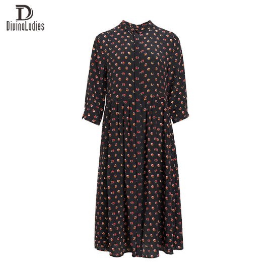 Polka Dot Print 100% Mulberry Silk Long Skirt Coat Doll Collar Dress