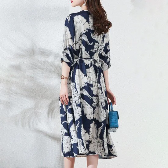 Printed Mulberry Silk Women Dress Fashion Plus Size Mid-Length Skirt Printed Mulberry Silk Women Dress Fashion Plus Size Mid-Length Skirt
