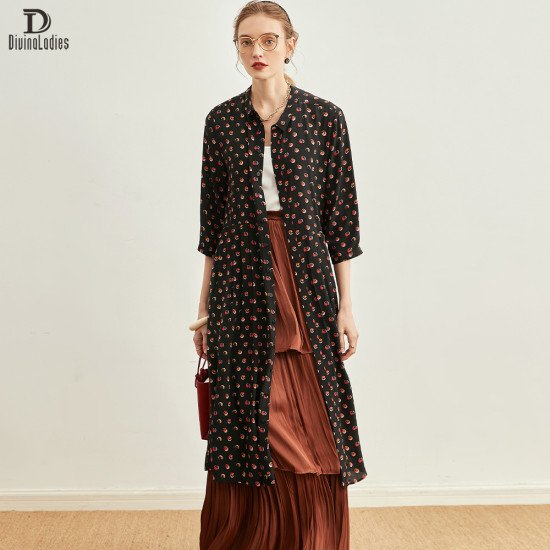 Polka Dot Print 100% Mulberry Silk Long Skirt Coat Doll Collar Dress