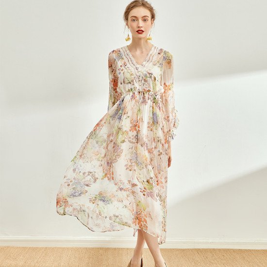 Flying Sleeve Women Long Skirt Print Double Layer Big Swing Silk Dress Flying Sleeve Women Long Skirt Print Double Layer Big Swing Silk Dress
