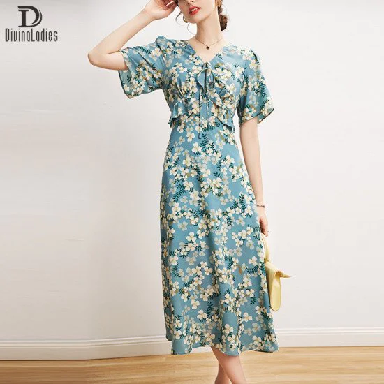 Elegant Mulberry Silk Blue Dress V-Neck Waist Print A-Line Long Skirt