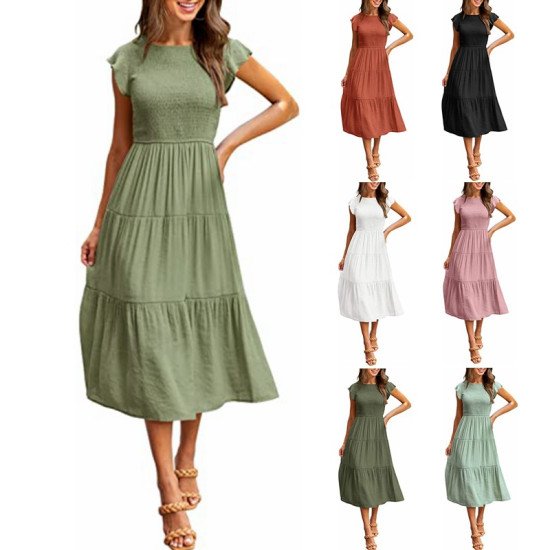 Pleated layered short sleeve large swing new dress for women