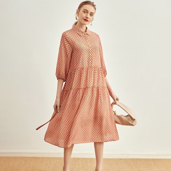 Printed Mulberry Silk Slim Waist Dress Elegant Women Floral Long Skirt Printed Mulberry Silk Slim Waist Dress Elegant Women Floral Long Skirt