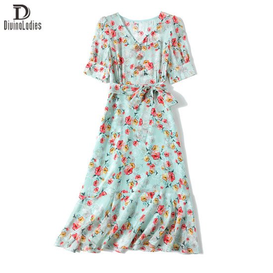 Floral Skirt Short Sleeve v-Neck High End Women Mulberry Silk Dress Floral Skirt Short Sleeve v-Neck High End Women Mulberry Silk Dress