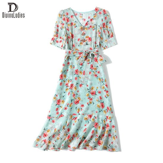 Floral Skirt Short Sleeve v-Neck High End Women Mulberry Silk Dress