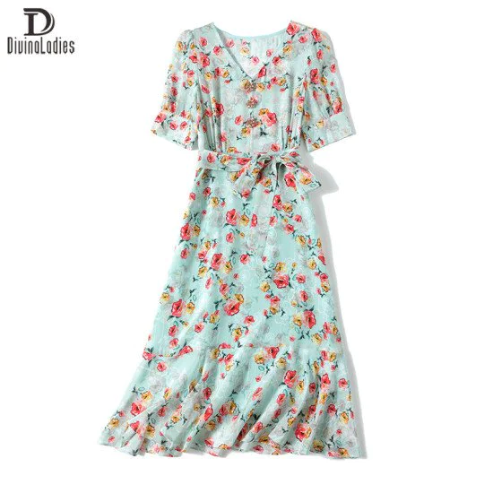 Floral Skirt Short Sleeve v-Neck High End Women Mulberry Silk Dress Floral Skirt Short Sleeve v-Neck High End Women Mulberry Silk Dress