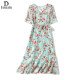 Floral Skirt Short Sleeve v-Neck High End Women Mulberry Silk Dress