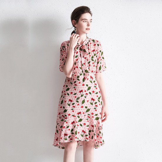 New Floral Print Tea Break Silk Women Dress Elegant Ladies Long Skirt