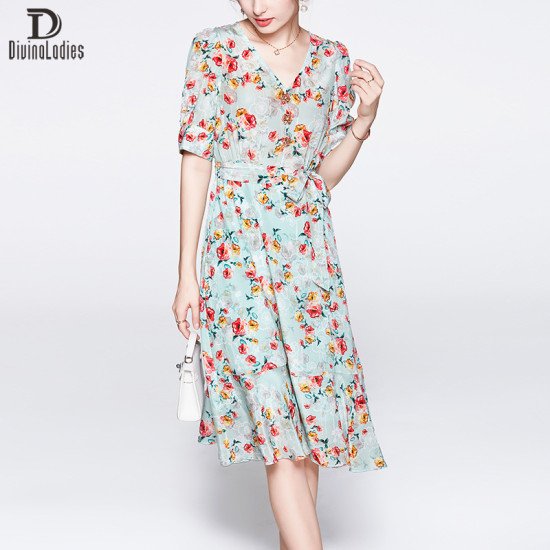 Floral Skirt Short Sleeve v-Neck High End Women Mulberry Silk Dress Floral Skirt Short Sleeve v-Neck High End Women Mulberry Silk Dress