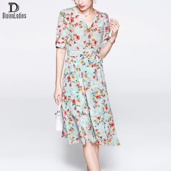 Floral Skirt Short Sleeve v-Neck High End Women Mulberry Silk Dress Floral Skirt Short Sleeve v-Neck High End Women Mulberry Silk Dress