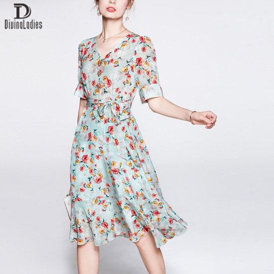 Floral Skirt Short Sleeve v-Neck High End Women Mulberry Silk Dress Floral Skirt Short Sleeve v-Neck High End Women Mulberry Silk Dress