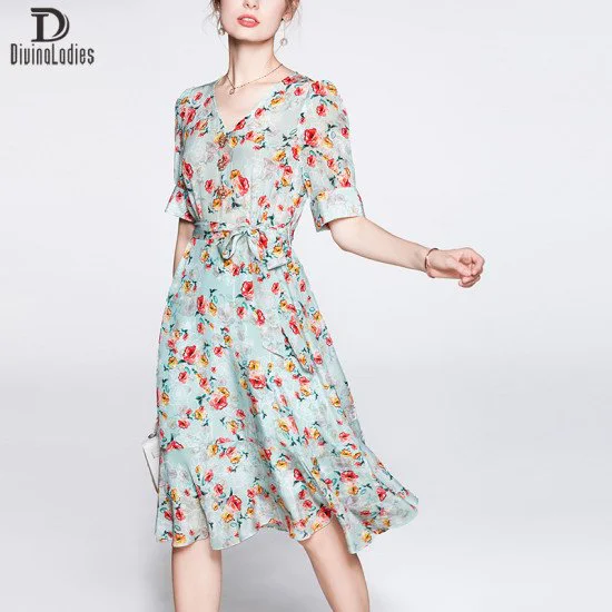 Floral Skirt Short Sleeve v-Neck High End Women Mulberry Silk Dress Floral Skirt Short Sleeve v-Neck High End Women Mulberry Silk Dress