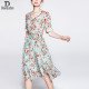 Floral Skirt Short Sleeve v-Neck High End Women Mulberry Silk Dress