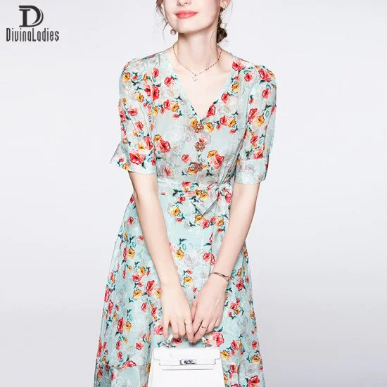 Floral Skirt Short Sleeve v-Neck High End Women Mulberry Silk Dress Floral Skirt Short Sleeve v-Neck High End Women Mulberry Silk Dress