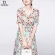 Floral Skirt Short Sleeve v-Neck High End Women Mulberry Silk Dress