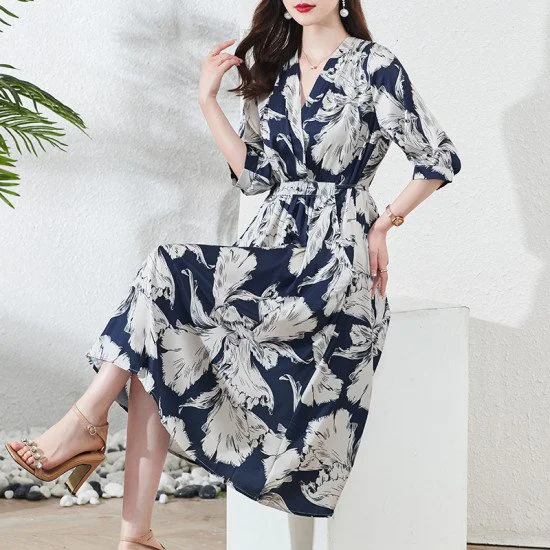 Printed Mulberry Silk Women Dress Fashion Plus Size Mid-Length Skirt Printed Mulberry Silk Women Dress Fashion Plus Size Mid-Length Skirt