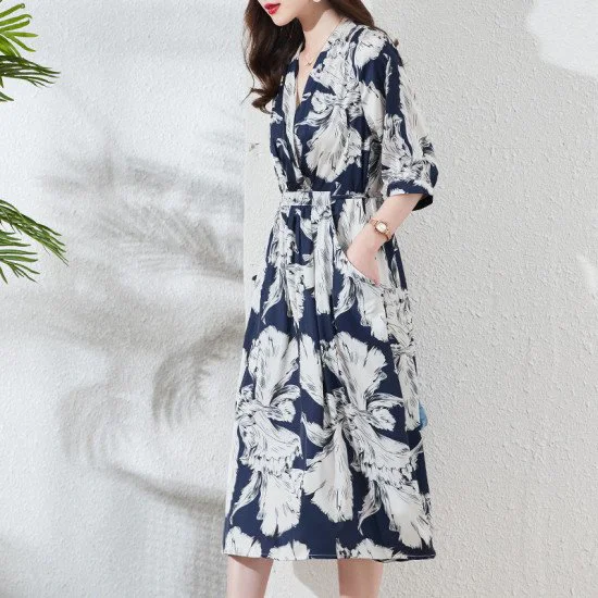 Printed Mulberry Silk Women Dress Fashion Plus Size Mid-Length Skirt Printed Mulberry Silk Women Dress Fashion Plus Size Mid-Length Skirt