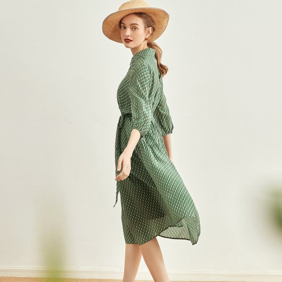 Printed Mulberry Silk Slim Waist Dress Elegant Women Floral Long Skirt Printed Mulberry Silk Slim Waist Dress Elegant Women Floral Long Skirt