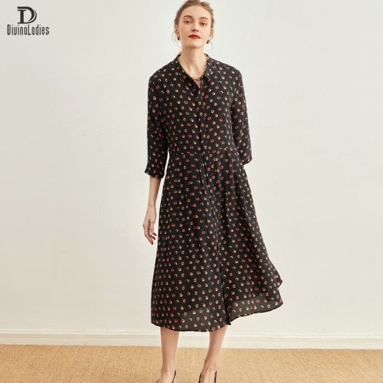 Polka Dot Print 100% Mulberry Silk Long Skirt Coat Doll Collar Dress