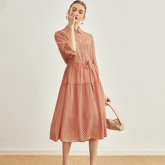 Printed Mulberry Silk Slim Waist Dress Elegant Women Floral Long Skirt Printed Mulberry Silk Slim Waist Dress Elegant Women Floral Long Skirt
