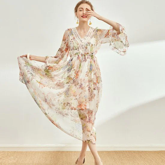 Flying Sleeve Women Long Skirt Print Double Layer Big Swing Silk Dress Flying Sleeve Women Long Skirt Print Double Layer Big Swing Silk Dress