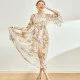 Flying Sleeve Women Long Skirt Print Double Layer Big Swing Silk Dress Flying Sleeve Women Long Skirt Print Double Layer Big Swing Silk Dress