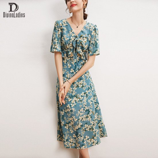 Elegant Mulberry Silk Blue Dress V-Neck Waist Print A-Line Long Skirt