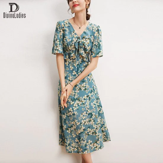 Elegant Mulberry Silk Blue Dress V-Neck Waist Print A-Line Long Skirt Elegant Mulberry Silk Blue Dress V-Neck Waist Print A-Line Long Skirt