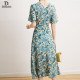 Elegant Mulberry Silk Blue Dress V-Neck Waist Print A-Line Long Skirt