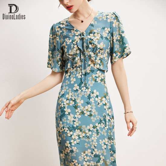 Elegant Mulberry Silk Blue Dress V-Neck Waist Print A-Line Long Skirt