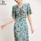 Elegant Mulberry Silk Blue Dress V-Neck Waist Print A-Line Long Skirt Elegant Mulberry Silk Blue Dress V-Neck Waist Print A-Line Long Skirt